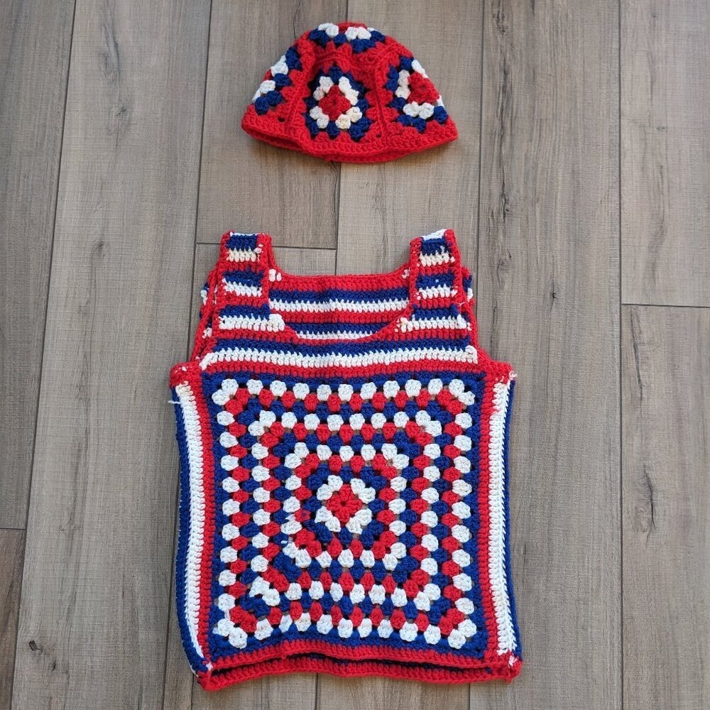 Vintage Crochet Granny Square Tank‎ Top & Matching Hat XS 70s Knit Hippie Vest